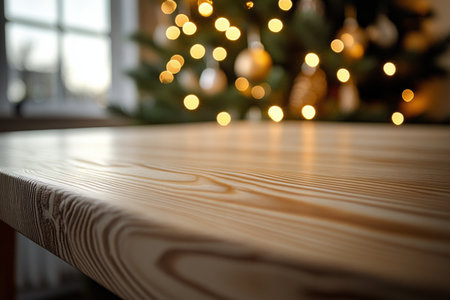 A beautifully crafted wooden table is in focus, with a Christmas tree adorned with soft glowing lights in the background, creating a warm winter evening atmosphere.の素材