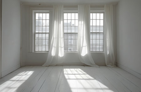 Natural light floods a minimalist room featuring white curtains gently swaying in the breeze. The clean, simple decor creates a tranquil and inviting atmosphere ideal for relaxation or creativity.の素材