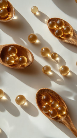 Golden capsules are arranged in bamboo spoons, reflecting soft light on a light colored surface. The setting creates a calm and inviting atmosphere for a health focused display.の素材
