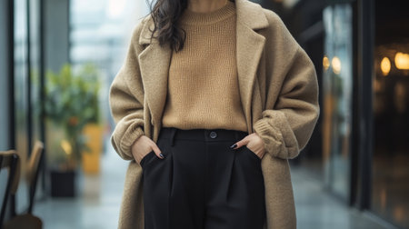 A woman stands confidently in a chic caf, dressed in a soft sweater and a warm coat. The modern interior features large windows and stylish decor, creating an inviting atmosphere.の素材