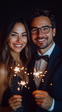 A couple is enjoying a festive evening, smiling brightly while holding sparklers. They are dressed elegantly, surrounded by a warm atmosphere filled with celebration and joy.の素材