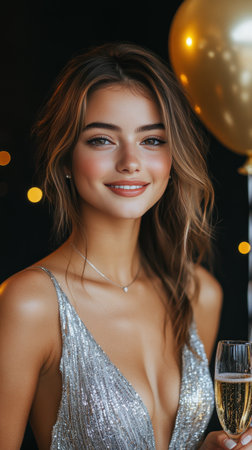 A woman enjoying a celebration holds a glass of champagne, wearing a glittering outfit. The atmosphere is festive, with warm lighting and a hint of elegant decor in the background.の素材