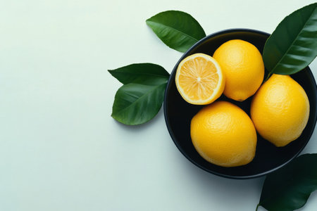 A black plate holds whole lemons alongside freshly sliced lemons. Green leaves add a touch of freshness, all captured in bright lighting that enhances the vibrant yellow color.の素材