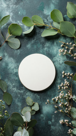 A round white plate is placed at the center of a textured green surface, surrounded by lush green leaves and small white flowers. The arrangement creates a calming aesthetic.の素材