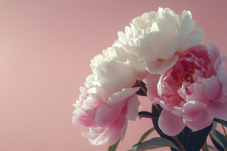 A vibrant arrangement of peonies displays delicate pink and white petals, showcasing their lush beauty against a gentle pastel backdrop. This floral composition adds elegance to any space.の素材