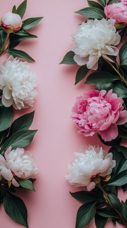 A vibrant display of pink and white peonies arranged harmoniously, showcasing their delicate petals and lush green leaves against a lively pink backdrop, creating a cheerful atmosphere.の素材