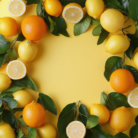 Fresh citrus fruits are artfully arranged with green leaves on a bright yellow surface, showing lemons, oranges, and limes in a circular design that highlights their vibrant colors and freshness.の素材