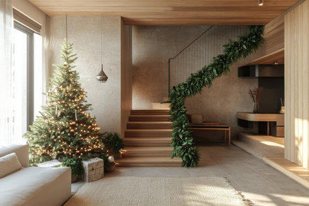 A warm and inviting living space features a beautifully decorated Christmas tree alongside a staircase. The cozy atmosphere is enhanced by soft lighting and winter scenery outside.の素材