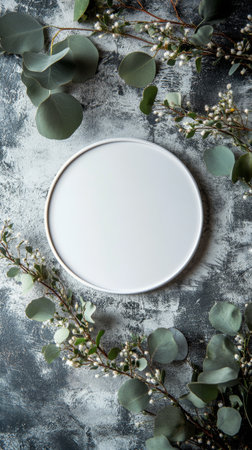A round white plate is placed at the center of a textured green surface, surrounded by lush green leaves and small white flowers. The arrangement creates a calming aesthetic.の素材