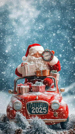 A cheerful Santa Claus wearing a red suit drives a small car filled with colorful presents while snow falls around him, embodying the festive spirit of Christmas in the year 2025.の素材