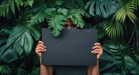 A woman holds a blank sign in front of her face, partially hidden by tropical foliage.の素材