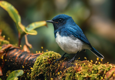 A blue and white bird with a black head perches on a moss covered branch in a lush green forest.の素材