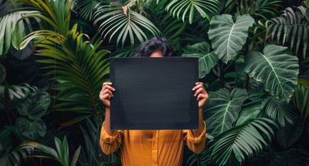 A woman holds a blank sign in front of her face, partially hidden by tropical foliage.の素材
