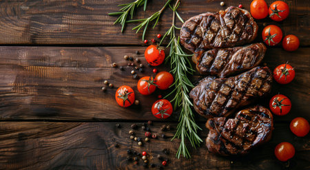 Grilled steak with tomatoes and rosemary on a wooden background.の素材