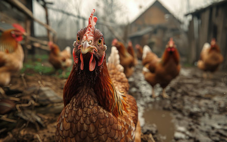 A close-up view of a brown chicken in a rural barnyard setting. The chicken is looking directly at the camera with other chickens in the background.の素材