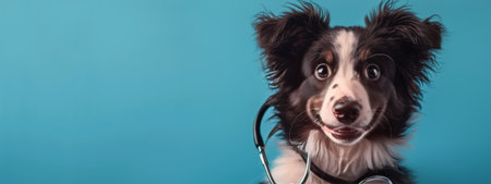 A black and white dog with a stethoscope around its neck looks at the camera with a curious expression.の素材