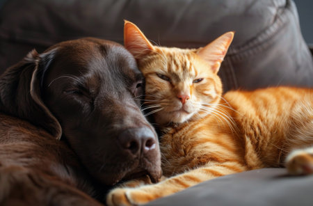 Close-up of a brown Labrador Retriever and an orange tabby cat resting together on a blanket indoors.の素材