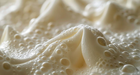 A close-up image of whipped cream with air bubbles, showing the texture and detail.の素材