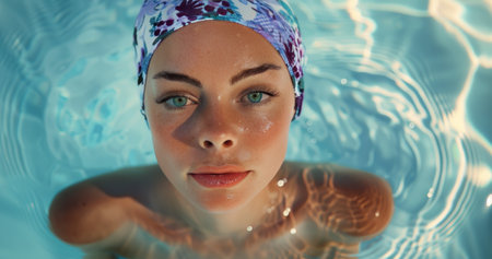 A young woman with a floral swim cap emerges from a pool, her eyes looking directly at the camera.の素材
