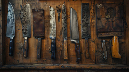 Close-up shot of a variety of vintage kitchen knives hanging on a wooden wall, showing their unique patina and craftsmanship.の素材