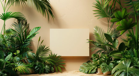 A blank canvas mounted on a tan wall is surrounded by a variety of lush tropical plants.の素材