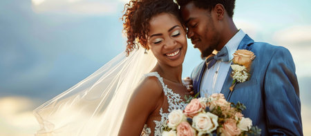 A bride and groom stand close, smiling, during their outdoor wedding ceremony.の素材