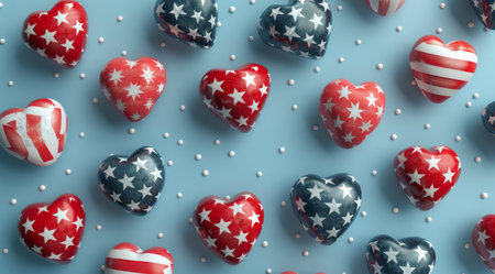 A flat lay image of red and blue heart-shaped ornaments with white stars on a light blue background.の素材