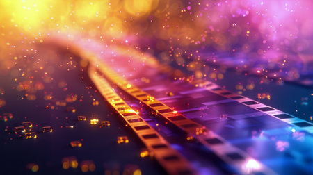 A close-up of a colorful digital circuit board with glowing neon lights and sparkles.の素材