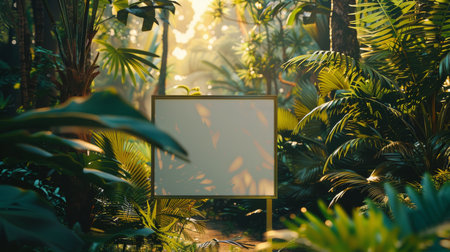 A blank sign stands in a lush tropical jungle, surrounded by vibrant greenery. The setting sun casts a warm glow on the foliage, creating a serene and inviting atmosphere.の素材