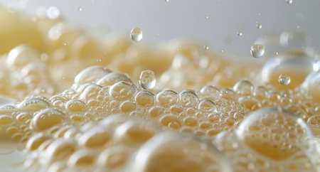 A macro shot of a beer foamy head, highlighting the bubbly texture and light yellow color underneath.の素材