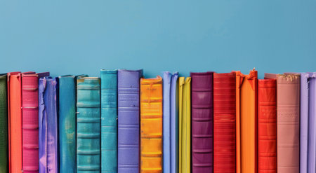 A close-up image of multiple books lined up in a row, showing a variety of colorful spines against a vibrant blue background.の素材