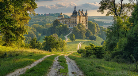 A dirt path winds its way through a lush, green forest, leading towards a grand, fairytale-like castle perched atop a hill.の素材
