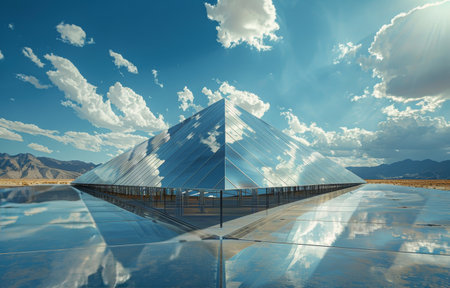 A large solar power array in the desert, with a pyramid-shaped structure and a reflecting surface. The sky is blue with white clouds.の素材