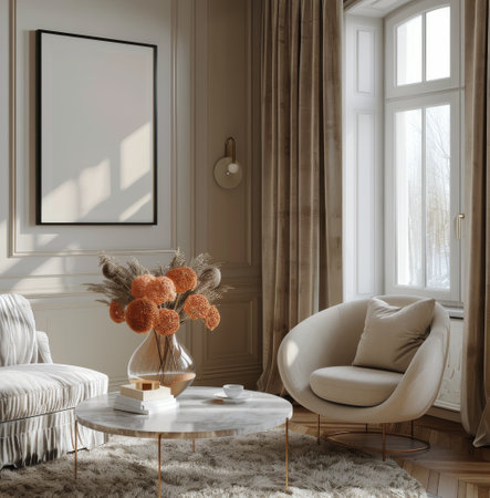 A modern living room with beige curtains, a large window, and a plush, white chair. A coffee table sits in the center of the room, with a vase of flowers and a book stack.の素材