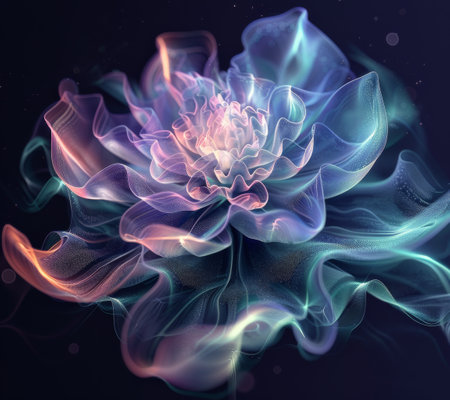 A digital illustration of a colorful, abstract flower with glowing, shimmering petals on a dark background.の素材