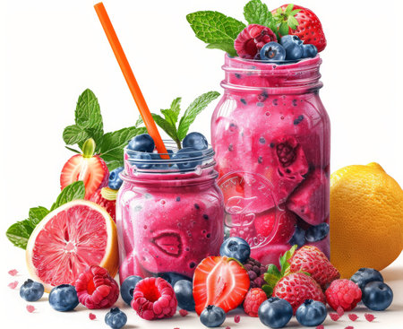 A mason jar filled with pink smoothie, surrounded by fresh fruits, including strawberries, raspberries, blueberries, lemons, and a grapefruit. The smoothie is topped with fresh mint leaves.の素材