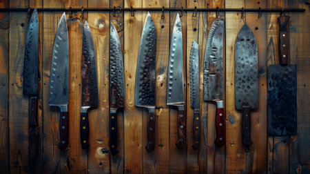 A close-up shot of a collection of sharp kitchen knives hanging on a wooden wall.の素材