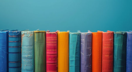 A row of colorful, closed books stand upright against a teal background.の素材