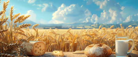A glass of milk sits on a wooden table in a wheat field, with a block of cheese and bread beside it. The sun shines brightly, illuminating the golden wheat and blue sky.の素材