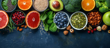 A variety of colorful, fresh, and healthy ingredients, including fruits, vegetables, and nuts.の素材
