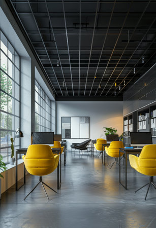 A modern office interior with yellow chairs and large windows overlooking a city street. The room has a grid ceiling and a gray tile floor.の素材