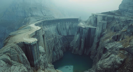 A large, concrete dam and bridge are visible in a deep mountain valley, with a winding river running through it. The dam is partially constructed, with a circular structure on the top level.の素材