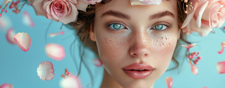 A woman with blue eyes gazes directly at the camera, wearing a pink rose crown with petals falling around her.の素材