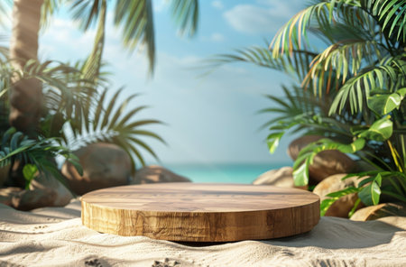 A round wooden platform sits on a white sandy beach with a turquoise ocean and palm trees in the background.の素材