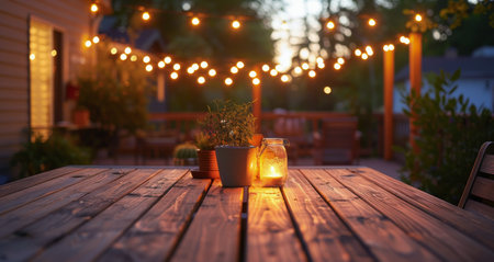 A wooden table sits under a string of lights on a patio at dusk, with a small plant and a candle in the foreground.の素材