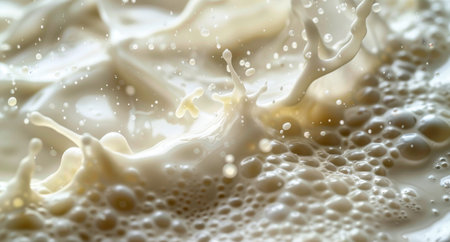 A close-up image of milk splashing, forming a crown of bubbles and droplets.の素材
