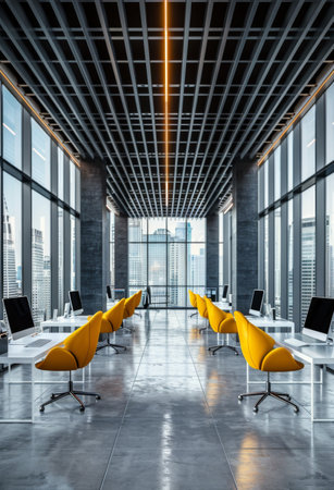 A modern open office space with rows of desks and yellow chairs, featuring large windows offering a city skyline view.の素材