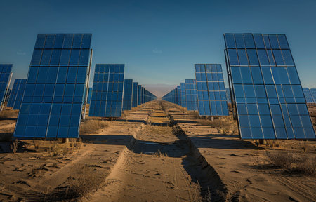 A long row of solar panels extend into the distance, creating a pathway through a desert landscape on a sunny day.の素材