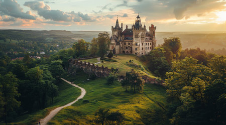 An aerial view of a stunning castle sitting on a green hill surrounded by dense forest. The castles stone walls and tall towers are partially obscured by fog, adding an air of mystery.の素材