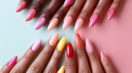 Close-up shot of hands with colorful almond-shaped nails painted in various shades of pink, yellow, orange, and red.の素材